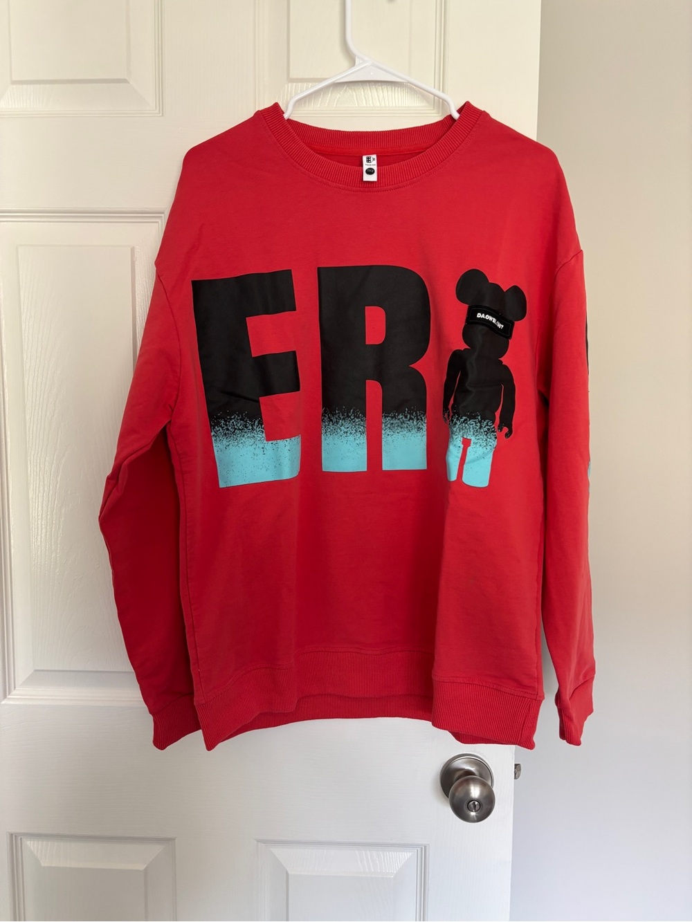 Red Graphic Crewneck Sweater with Blue Accent
